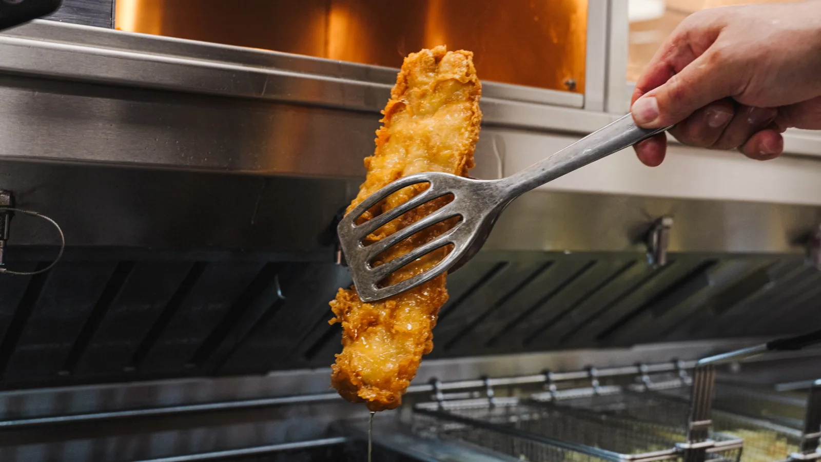 Battered fish fresh out of the fryer